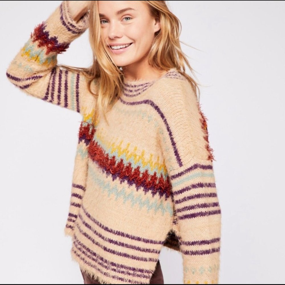 Free People Cream Multicolor Fuzzy Fair Isle Sweater